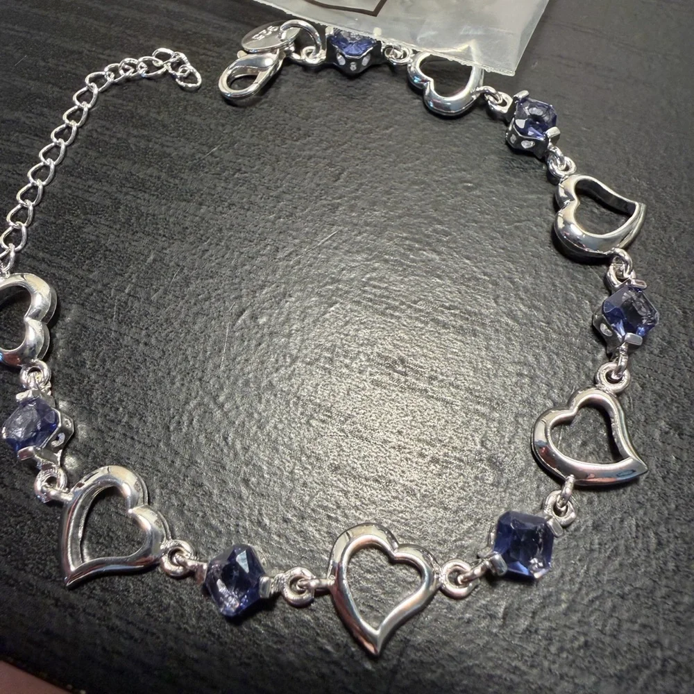 NEW 925 Sterling Silver Heart Purple Bracelet - Picture 2 of 8